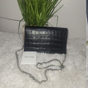 Marc Jacobs Black Croc-Embossed Clutch with Chain